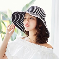 Mujer Fashion Foldable Wide Brim Sun Hat Retro Striped Bowknot Hat Holiday Beach  eb-62563612